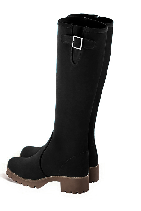 Matt black women's knee-high boots with buckles.. Made to measure. Rear view - Florence KOOIJMAN